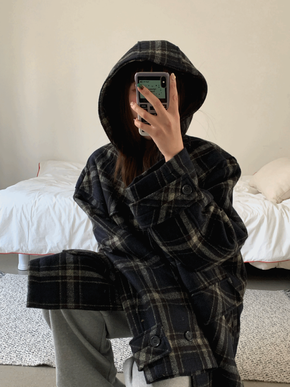 [Outer] Wool check hoodie coat / 2 colors