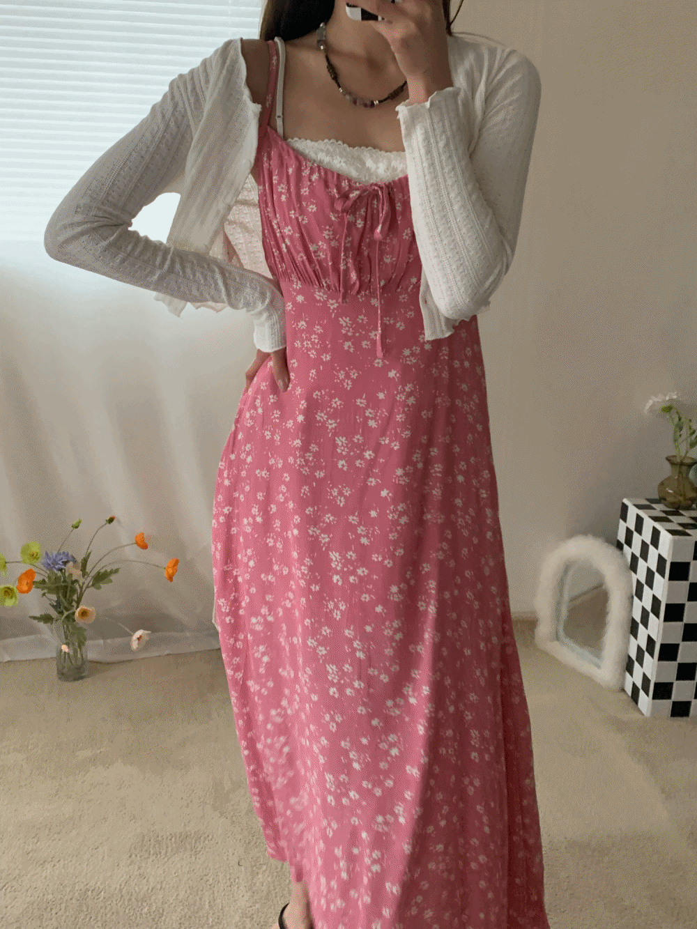 [Dress] May lily floral ribbon dress : pink
