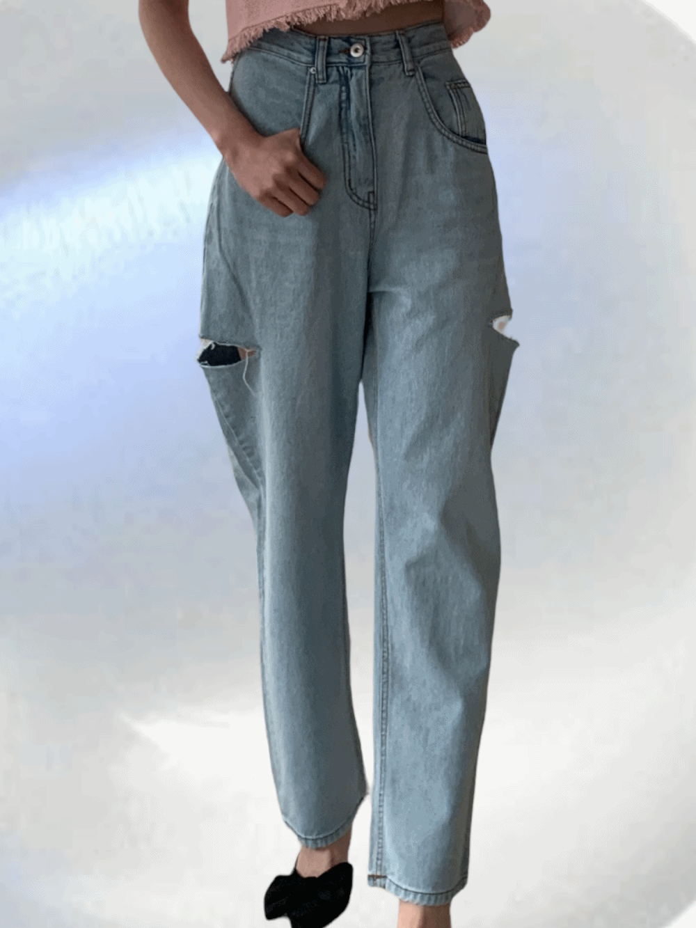 [Bottom] Double slit denim pants / 2 colors