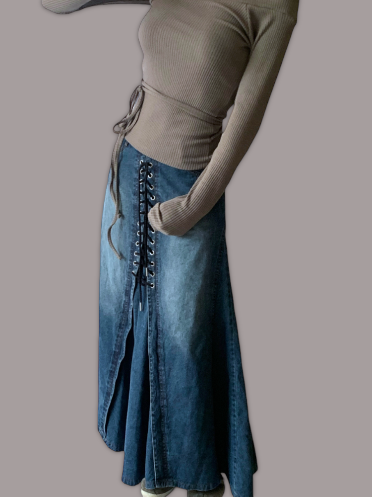 [PREMIUM] [Skirt] Lacey Eyelet Denim Maxi Skirt / one color
