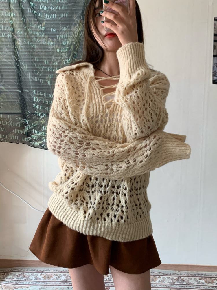 (입고지연) [Top] Eyelet crochet knit : beige