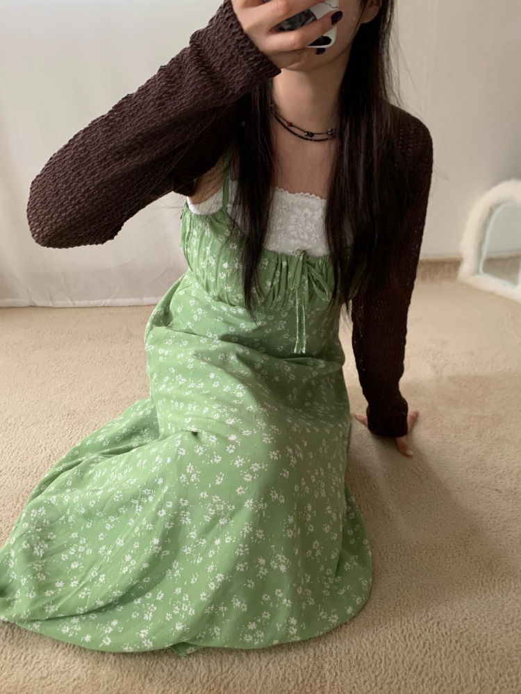[Dress] May lily floral ribbon dress : green