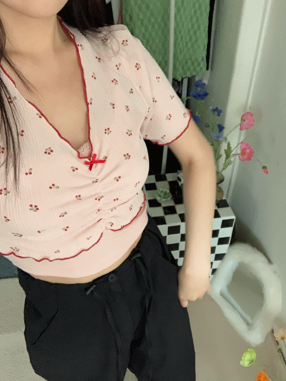 [Top] Cherry ribbon shirring t. / one color
