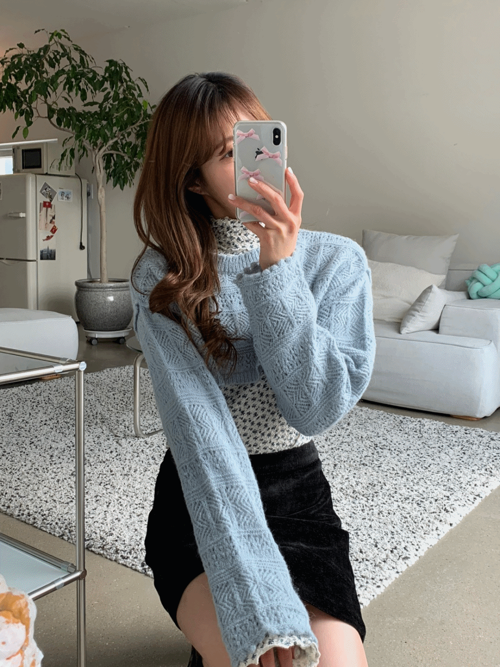 [Top] Pattern lace cropped knit / 4 colors