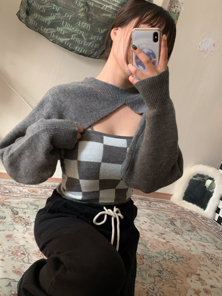 [Top] Qirin check bolero knit &amp; sleeveless set / 2 colors