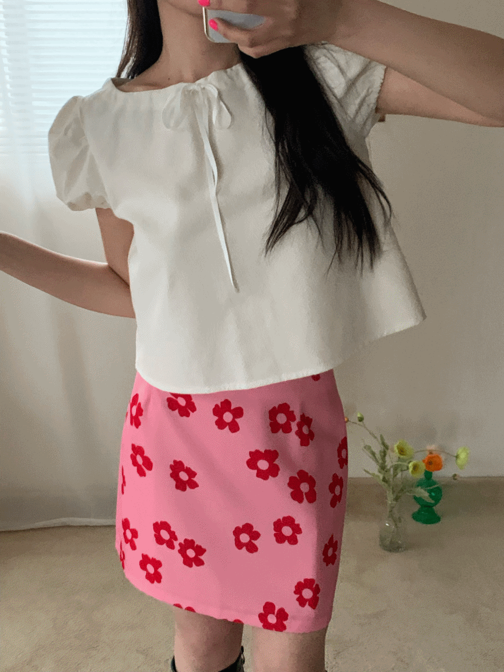 [Skirt] Mimi flower ribbon mini skirt / 2 colors