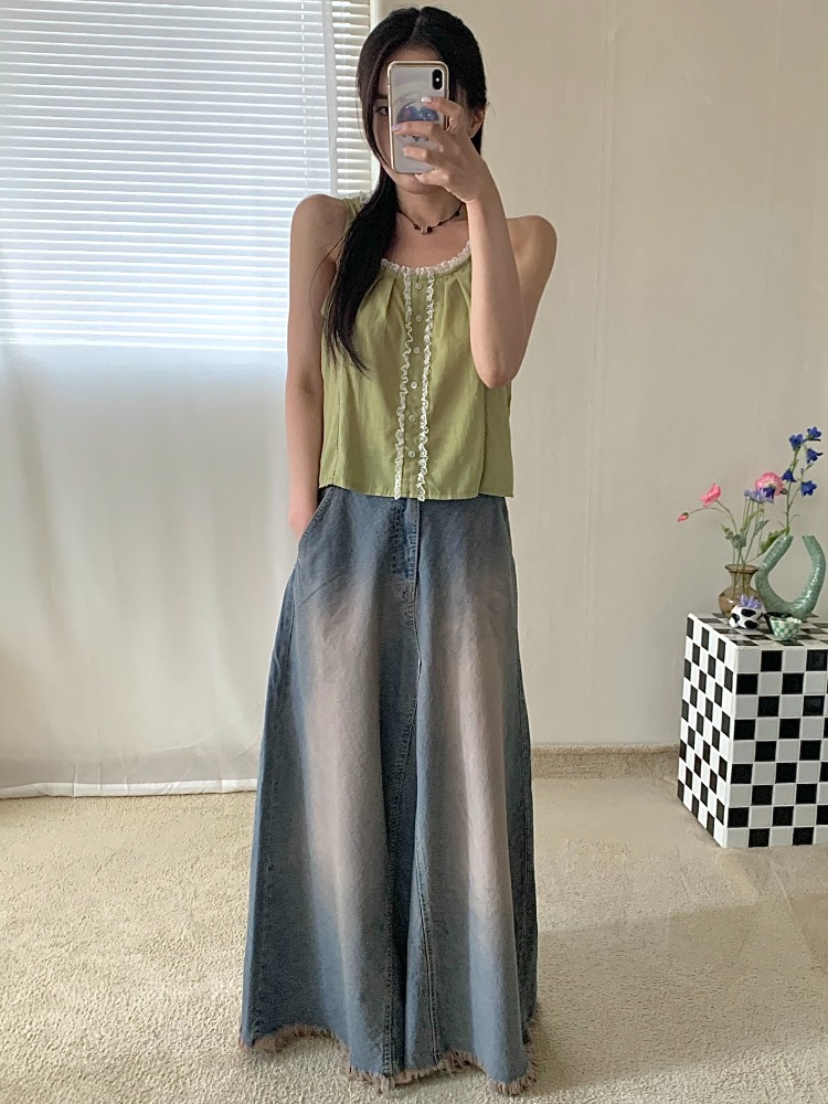 [Skirt] Tabi fringe maxi denim skirt / one color