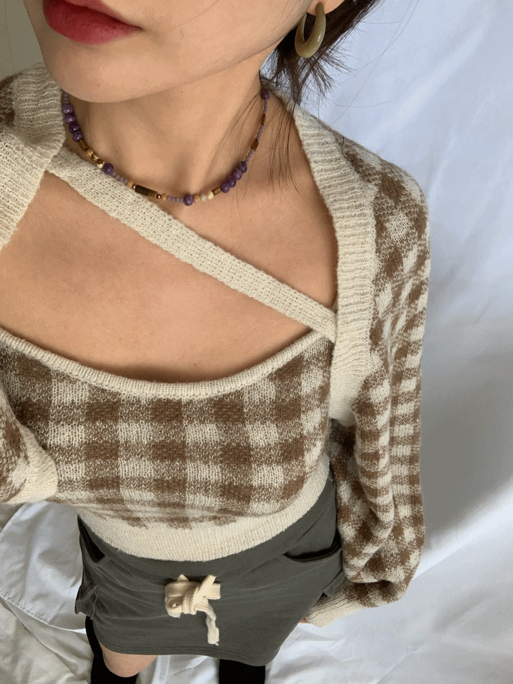 [Outer/ Innerwear] Mariette check bolero cardigan &amp; sleeveless SET / 2 colors