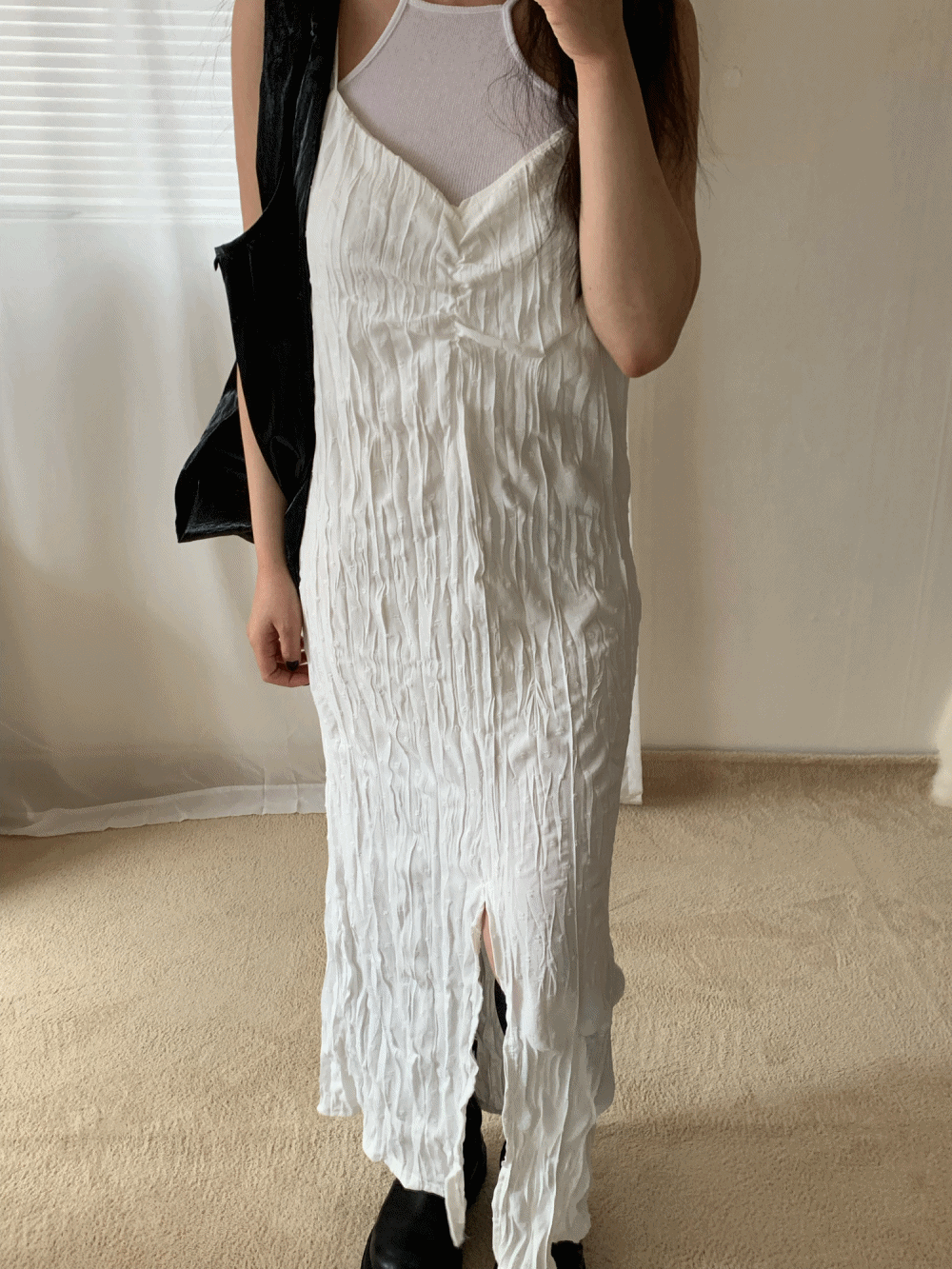 [Dress] Dotty wrinkle slit dress / 2 colors